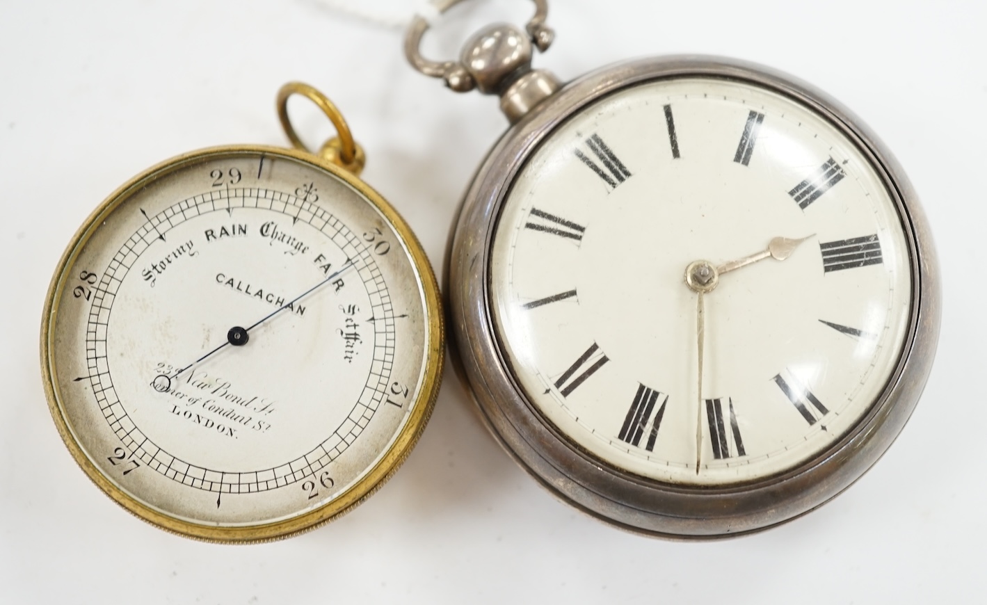 A Victorian silver pair cased keywind verge pocket watch, together with a Callaghan brass cased barometer in leather case. Condition - poor to fair